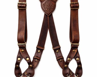 Handgefertigte Leder Y-Back Hosenträger, Braune Messing Clip Hosenträger, Verstellbare Vintage Style Abendkleidung