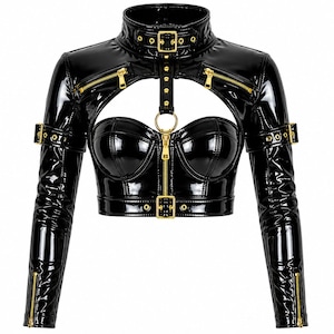 May include: A black patent leather-look cropped top with long sleeves, a high collar, and a bustier-style bodice. The garment features gold-tone hardware, including zippers on the chest and cuffs, adjustable buckled straps on the arms, and a central ring connector linking the collar to the front zipper.