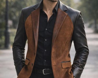 Men's Two-Tone Leather Blazer, Brown Suede & Black, Custom Fit