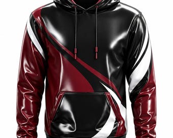 Wetlook hoodie van pvc voor heren | Zwart-rode vinyl hoodie | Gothic cyberpunk streetwear-sweater