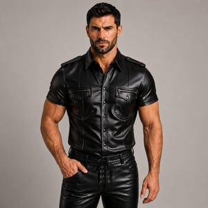 Op de afbeelding: Zwart leren shirt met korte mouwen, twee borstzakken en epauletten. Het shirt heeft een knoopsluiting en wordt gecombineerd met een zwarte leren broek met een vetergulp. De outfit is een strakke, edgy stijl.