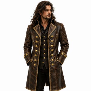 Peut inclure: Un long manteau en cuir marron avec des boutons et des bordures dorées. Le manteau a une conception croisée, un col haut et des manches longues. Il est porté sur un gilet et une chemise noirs.