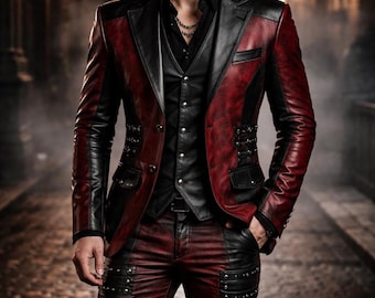 Men's Red Black Leather 3-Piece Suit – Gothic Biker Outfit, Slim Fit Set