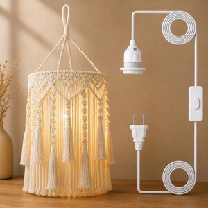 Boho Macrame Lamp Shade Hanging Pendant Light Plug In Cotton Bohemian Decor
