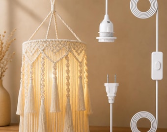 Boho Macrame Lamp Shade Hanging Pendant Light Plug In Cotton Bohemian Decor