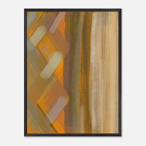 Puede incluir: Impresión artística abstracta en un marco negro. La obra presenta una mezcla de colores cálidos, incluyendo naranja, marrón y beige, con texturas de pinceladas. Formas geométricas y líneas verticales crean una composición dinámica.
