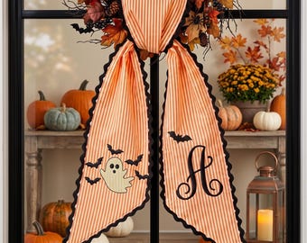 Personalized Halloween Tree Wreath Sash, Ghost Door Sash, Custom Name Embroidered Holiday Decor, Stripe Front Door Ric Rac Bow, Spooky Gift