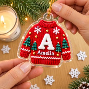 Personalized Christmas Sweater Ornament, Custom Initial Name Acrylic Ugly Sweater Ornament, Family Xmas Tree Decor, Stocking Stuffer Gift