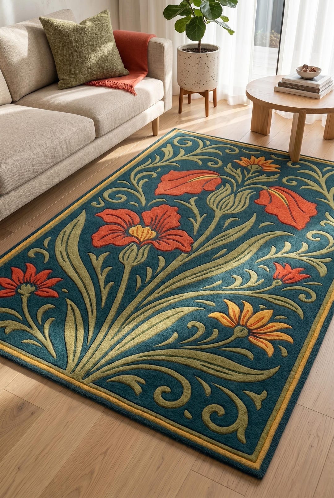 Handmade Wool Rug 12x10 Golden Orange | Floral Modern Area Rug, Living ...