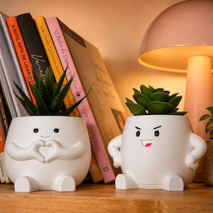 Può includere: Due vasi in ceramica bianca a forma di personaggi dei cartoni animati con braccia e gambe. Il vaso a sinistra mostra un personaggio che forma un cuore con le mani, contenente una pianta grassa verde. Il vaso a destra mostra un personaggio con le mani sui fianchi, contenente una pianta grassa verde. Entrambi poggiano su uno scaffale in legno.