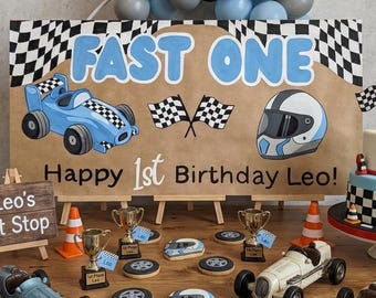 Hand Painted Race Car Birthday Banner | Custom Name Fast One 1st Birthday Sign