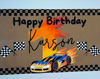 Hand Painted Race Car Birthday Banner | Custom Name & Age Checkered Flag Party Sign