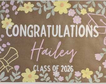 Floral Graduation Banner | Hand-Painted Kraft Paper, Custom Name, Class of 2026 | Senior Grad Decor | Boho Party Sign