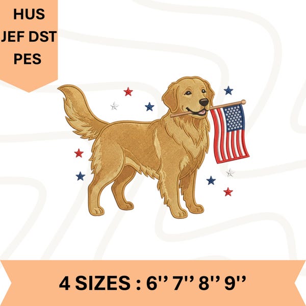 Patriotic Golden Retriever Embroidery Design American Flag Dog Digital Pattern