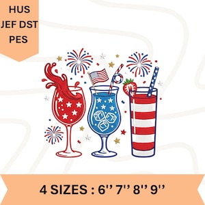 Maskinbroderidesign för 4 juli-cocktails, patriotiska drinkar, amerikansk flagga, fyrverkerier, broderimönster