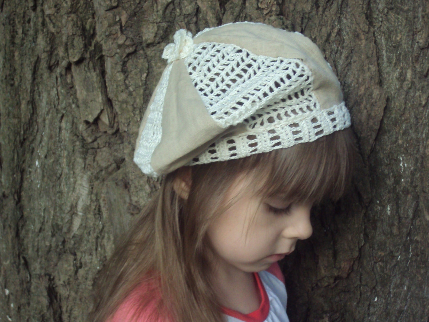 linen baby/girl beret cap/ hat with crocheted inserts Etsy