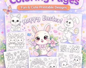 15 Disegni da colorare di uova di Pasqua con coniglietti per bambini (PDF scaricabile immediatamente)