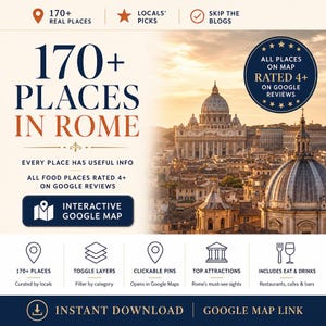May include: A digital guide titled 170+ PLACES IN ROME featuring an interactive Google map. The graphic includes a sunset view of St. Peter's Basilica, text highlighting 4+ star Google ratings, and icons for local picks, attractions, and dining.