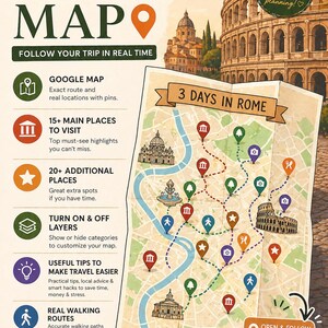 May include: An interactive Rome map with the text "Interactive Rome Map" and "Follow your trip in real time." The map highlights key locations with pins and offers useful travel tips. The map is labeled "3 Days in Rome."