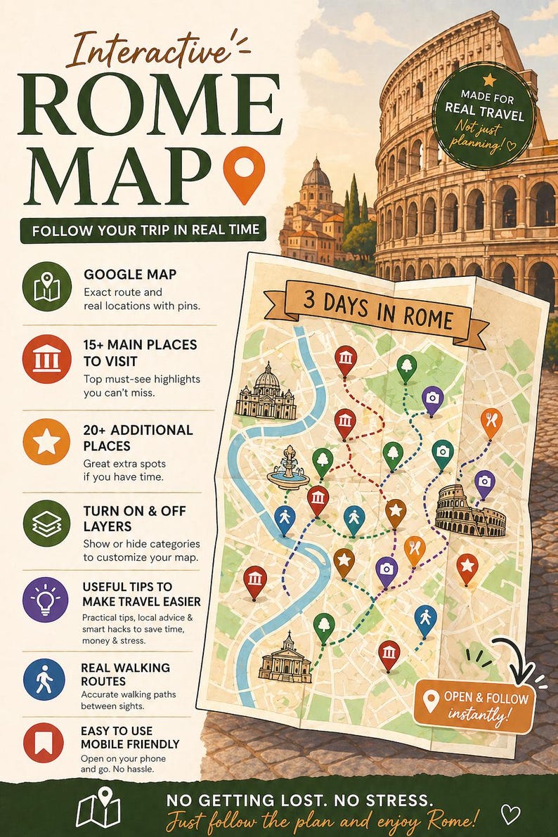May include: An interactive Rome map with the text "Interactive Rome Map" and "Follow your trip in real time." The map highlights key locations with pins and offers useful travel tips. The map is labeled "3 Days in Rome."