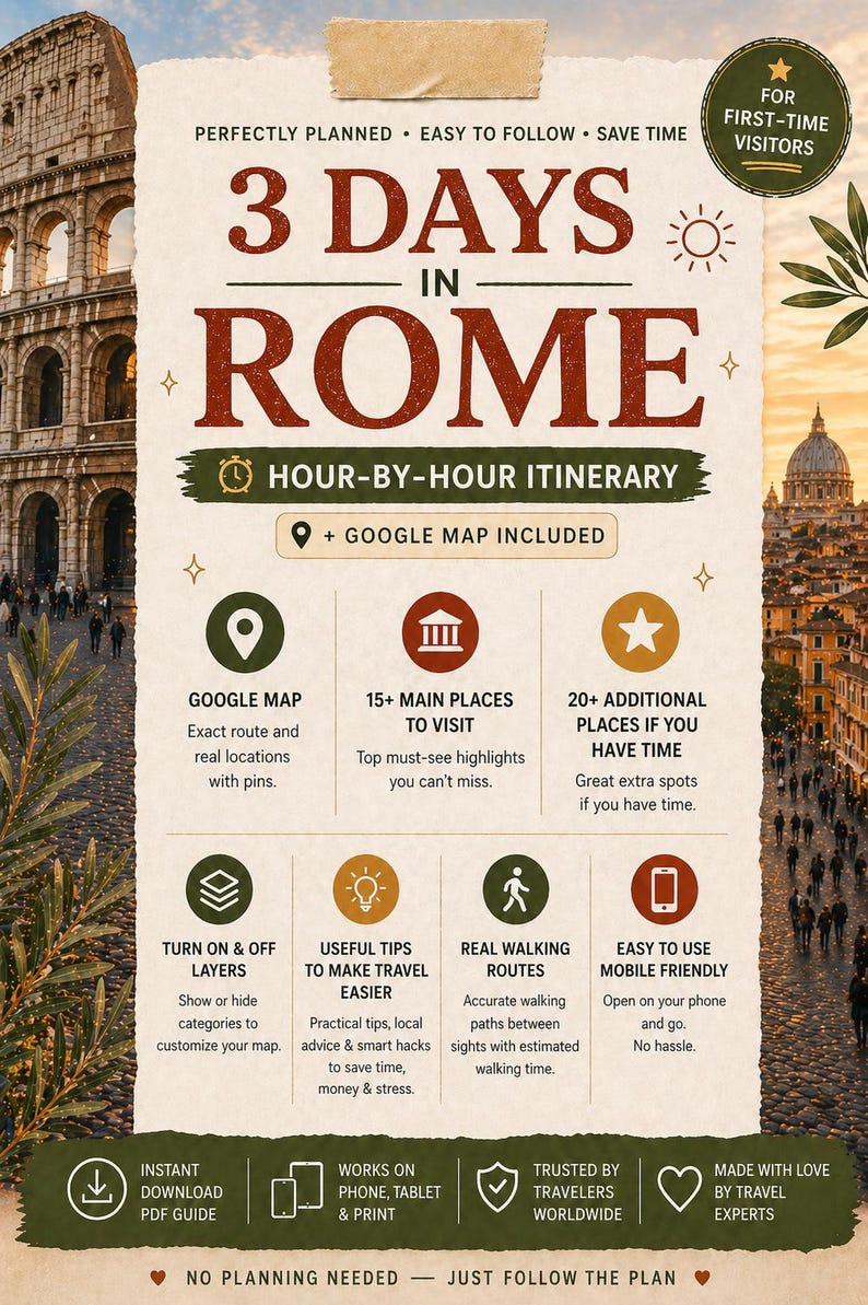May include: A travel guide titled "3 Days in Rome" with an hour-by-hour itinerary, Google Map, and tips for first-time visitors. The guide includes information on main places to visit, additional spots, walking routes, and mobile-friendly features.