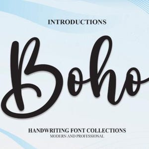 May include: A digital graphic featuring the word "Boho" in a bold, black, handwritten font. The word is the focal point, set against a light blue and white background with decorative wave-like lines. Text above reads "Introductions".