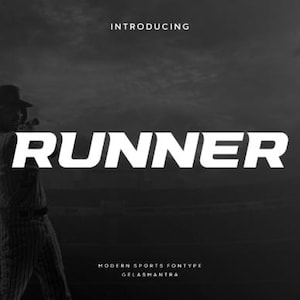 以下が含まれることがあります： 太字の白いサンセリフ体で「RUNNER」という文字が表示されたグラフィックデザイン。テキストの上には「INTRODUCING」、下には「MODERN SPORTS FONTTYPE GELASMANTRA」と書かれています。野球選手のシルエットが見えます。