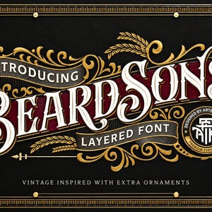 May include: A graphic design featuring the text BEARDSONS in white, stylized lettering on a black background. The design includes gold filigree, wheat stalks, and a maroon ribbon. Additional text reads INTRODUCING, LAYERED FONT, and VINTAGE INSPIRED WITH EXTRA ORNAMENTS.