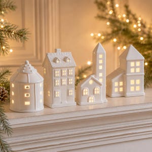 White Ceramic LED Village, Light Up Porcelain Home Accent, Cozy Mantel Ornament