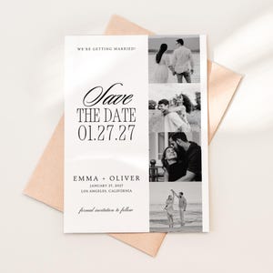 May include: A rectangular Save the Date card featuring four black and white photographs of a couple on the right side. The left side displays the text WE'RE GETTING MARRIED! Save THE DATE 01.27.27 EMMA + OLIVER JANUARY 27, 2027 LOS ANGELES, CALIFORNIA formal invitation to follow.