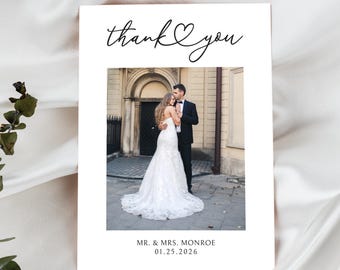 Plantilla minimalista para tarjeta de agradecimiento con foto de boda (descarga digital)