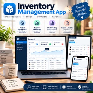 Pode incluir: Uma interface de aplicativo de gerenciamento de estoque exibida em um laptop, tablet e smartphone. As telas mostram painéis com dados de produtos, fornecedores e estoque. Uma caneca branca com texto e um caderno com uma lista de verificação estão sobre a mesa.