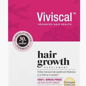 May include: A box of Viviscal hair growth supplement. The box is primarily white with a pink top. Text includes "Advanced Hair Health", "Hair Growth Supplement", and "180 Tablets". The product claims to visibly improve hair growth and thickness.