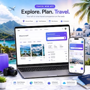 May include: A laptop and smartphone displaying the Jiya travel web app interface. The screen shows travel planning features, including trip overviews, expense tracking, and an AI assistant. The background features a tropical landscape and a plane.