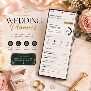 Könnte beinhalten: Ein Smartphone mit einer Hochzeitsplaner-App-Oberfläche, die Budgetverfolgung, Gästeverwaltung und KI-Assistentenfunktionen zeigt. Der Bildschirm zeigt ein Budget von 50.000,00 $ USD. Neben dem Telefon liegen eine Ringschatulle mit Ring, zwei Goldringe und ein Stift.