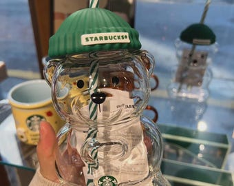 Bear Glass Jar Cold Cup with Straw, 20oz Thick Tumbler, Iced Coffee Drinkware