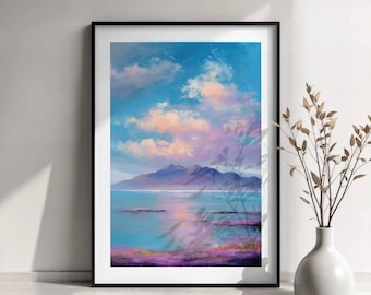 May include: A framed wall art print featuring a landscape painting of a calm body of water reflecting a sky filled with soft pink and blue clouds above distant purple mountains, with a foreground of purple vegetation and a clear blue horizon.