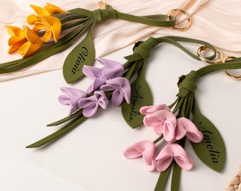 Personalized Leather Flower Bag Charm, Osmanthus flower handbag keychains, Teacher gifts, Bridesmaid gifts, Wedding favors