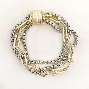 Two Tone Layered Chain Bracelet • Magnetic Clasp Multi Strand Cuff • Gold Silver Mixed Metal Bracelet • Stacking Bracelet • Gift for Her