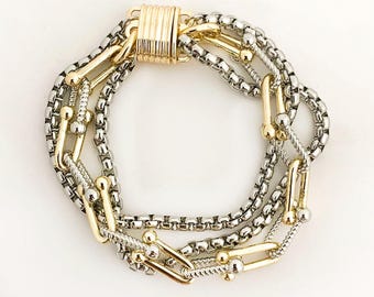 Two Tone Layered Chain Bracelet • Magnetic Clasp Multi Strand Cuff • Gold Silver Mixed Metal Bracelet • Stacking Bracelet • Gift for Her