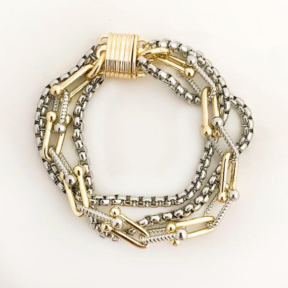 Two Tone Layered Chain Bracelet • Magnetic Clasp Multi Strand Cuff • Gold Silver Mixed Metal Bracelet • Stacking Bracelet • Gift for Her