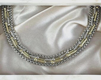 Collar de cadena bicolor en capas de 45 cm • Collar de múltiples hebras en oro y plata • Collar llamativo de metales mixtos • Collar de cadena de tres filas para mujer