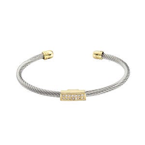 May include: A silver-tone and gold-tone cuff bracelet. The bracelet features a twisted cable design with gold-tone caps on each end. The center of the bracelet has a rectangular gold-tone accent with small, clear stones.