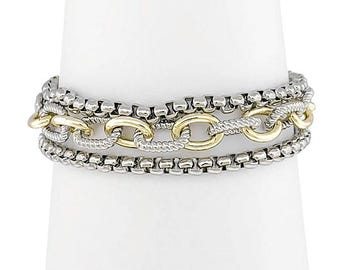 Zweifarbiges, mehrreihiges Armband mit ovaler Kette • Magnetverschluss • Dreireihige Kette aus verschiedenen Metallen • Stapelbares Armband für Damen • Geschenkidee