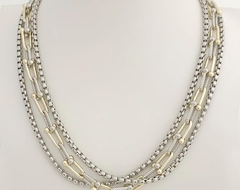 Two Tone Layered Chain Necklace 18" • Multi Strand Gold Silver Necklace • Mixed Metal Statement Necklace • Three Row Chain Necklace Women