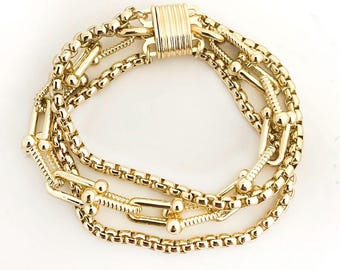 Gold Layered Kettenarmband • Magnetverschluss Multi Strand Manschette • Dreireihiges Gold Armband • Multi Reihen Armband Stapeln • Geschenk für Sie
