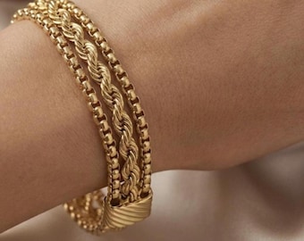 Gold Seil Schicht Armband • Dreireihige Kette • Magnetverschluss Multi Strang Manschette • Gedrehtes Seil Stapeln Armband • Geschenk für sie
