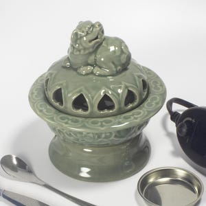 Celadon Suanni Lion Electric Incense Burner with Timer & Temperature Control | Ceramic Aroma Diffuser for Tea Table Meditation