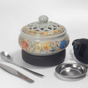 Electric Ceramic Incense Burner | Famille Rose Enamel Floral Design | Celadon Base with Pierced Lid | Zen Home Decor Aromatherapy Diffuser