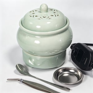 Electric Celadon Incense Burner | Longquan Style Ceramic Aromatherapy Diffuser | Pierced Lid Timer Control | Zen Home Decor